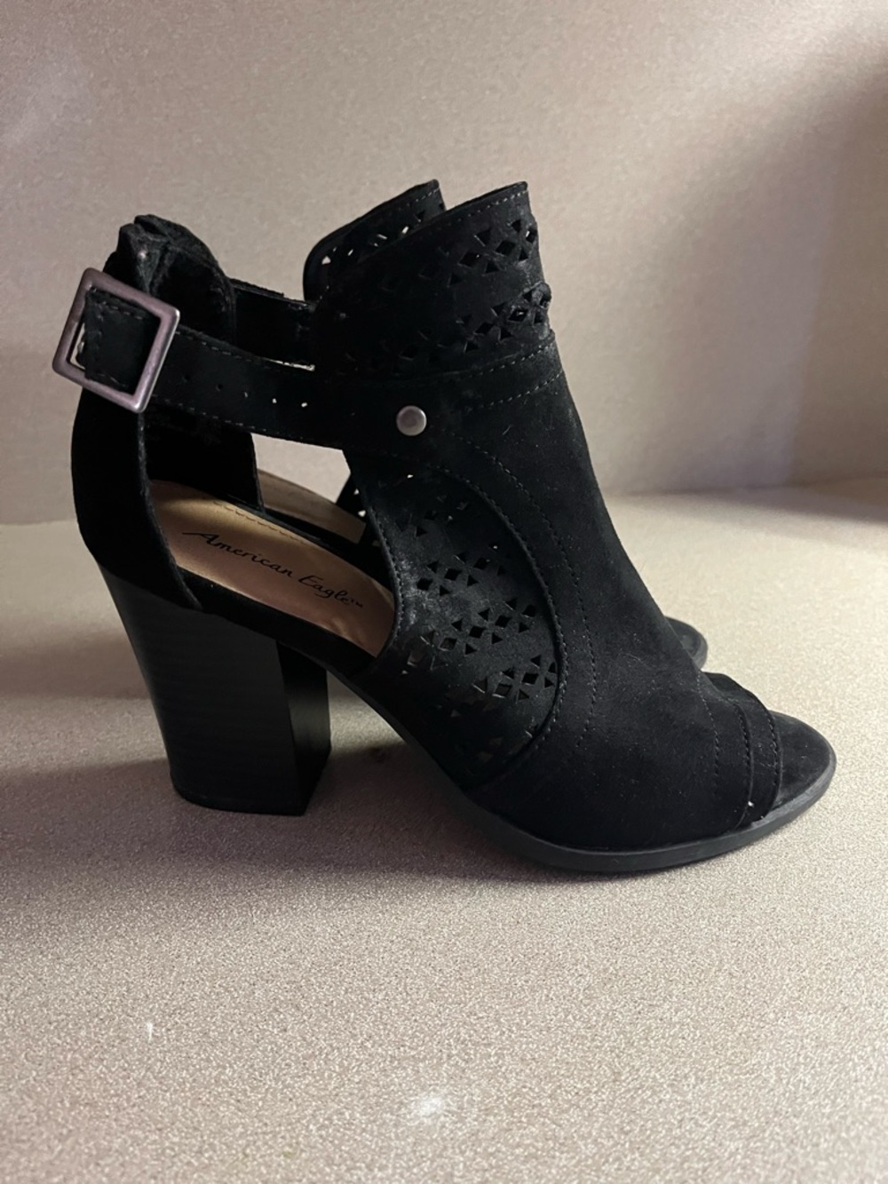 American Eagle Outfitters Black Laser-Cut Peep-Toe Block Heels